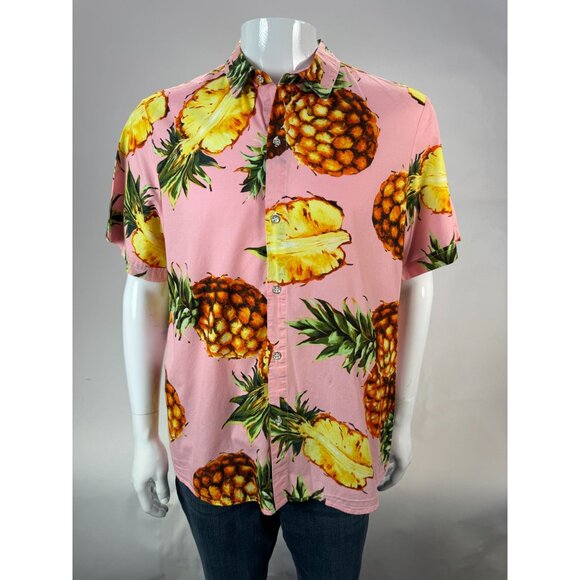 SSLR Mens Pineapple Print Short-Sleeve Button-Down Shirt L Cotton Tropical Hawai - Picture 16 of 16